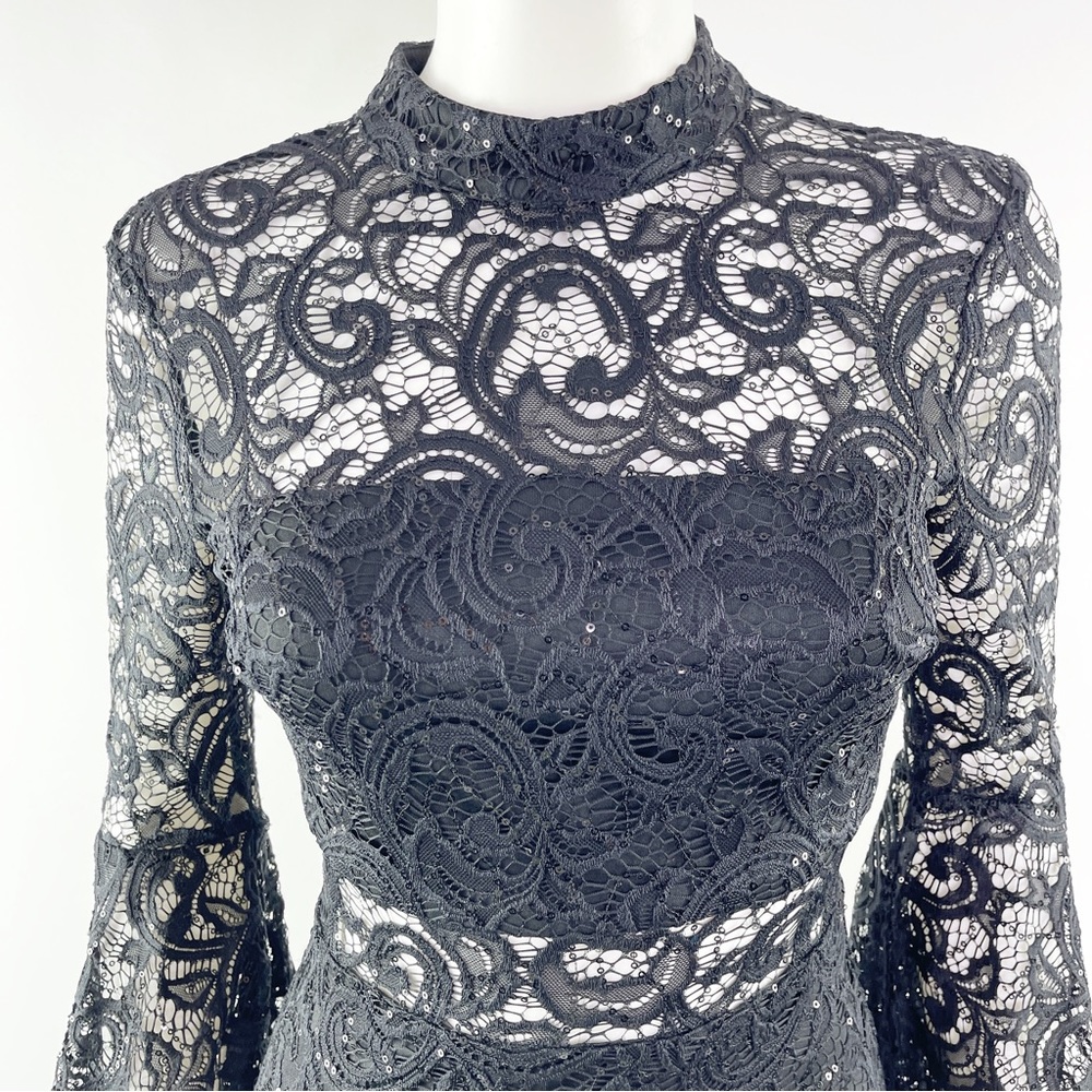 Jodi Kristopher Women's Black Lace Sequin Mini Dress with Flare Sleeves Size XS - Picture 3 of 11